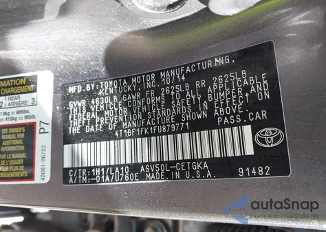 2015 Toyota Camry Xle z USA, uszkodzony, nr VIN 4T1BF1FK1FU879771
